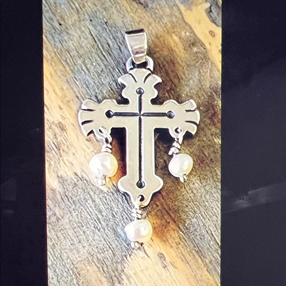 James Avery retired cross pendant with 3 pearl drop dangles.